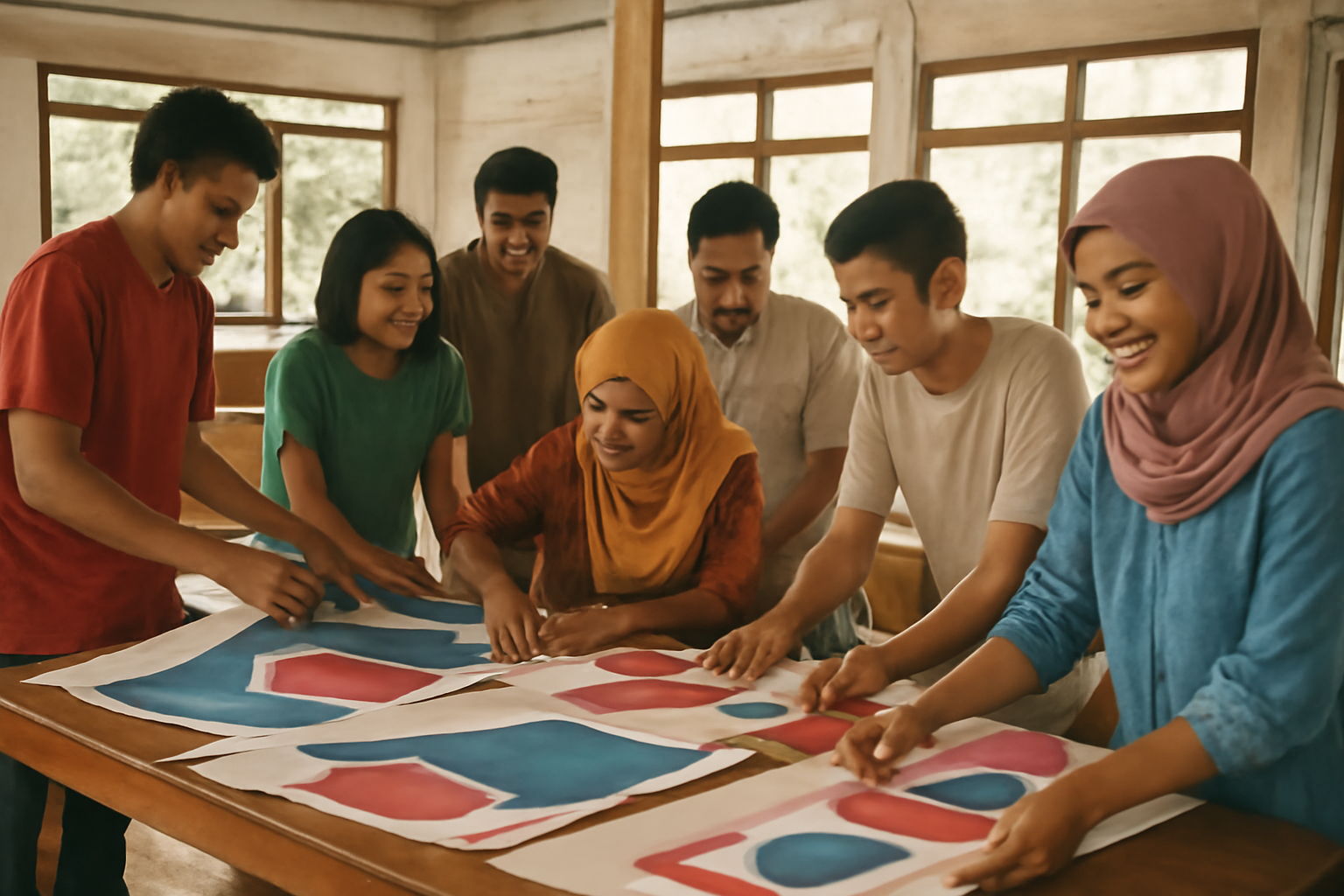 Sekelompok relawan sedang menyiapkan materi kampanye kesadaran isu sosial di balai warga