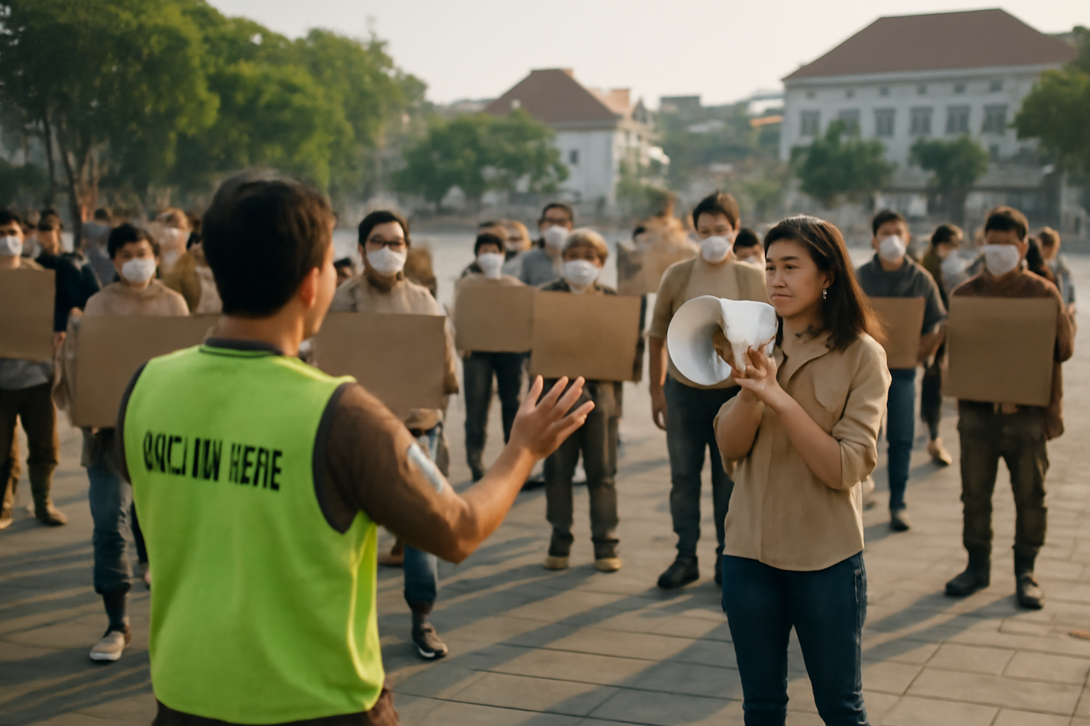 Kerumunan warga mengikuti aksi damai di lapangan terbuka dengan pengatur lapangan berompi