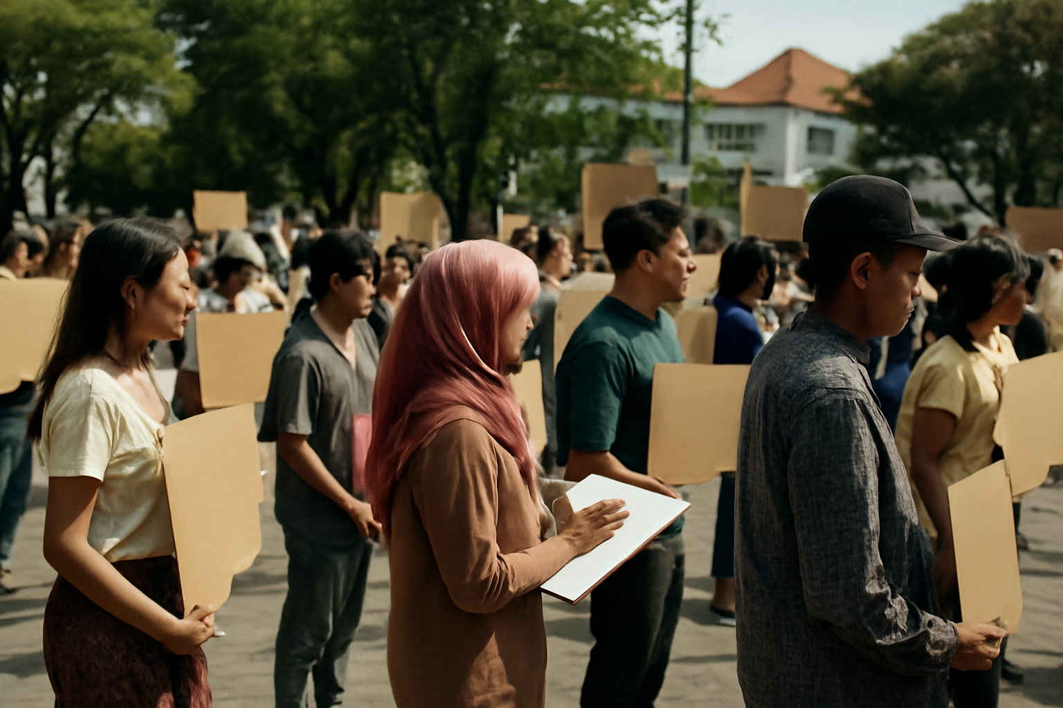 Warga berkumpul tertib di ruang publik sambil memegang papan karton untuk aksi solidaritas